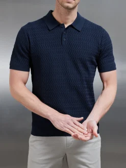 Cotton Knitted Textured Button Polo Shirt - Navy