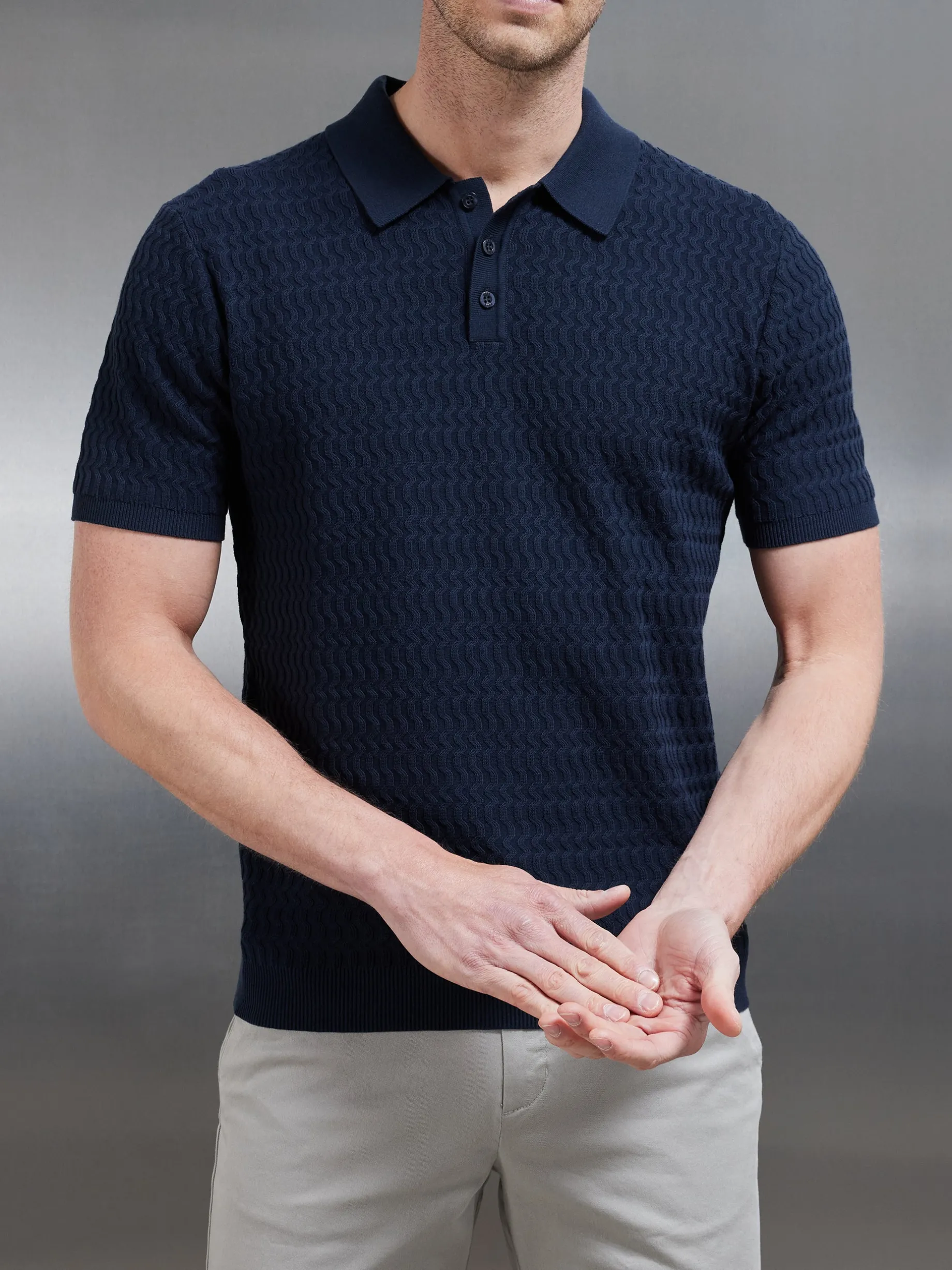 Cotton Knitted Textured Button Polo Shirt - Navy