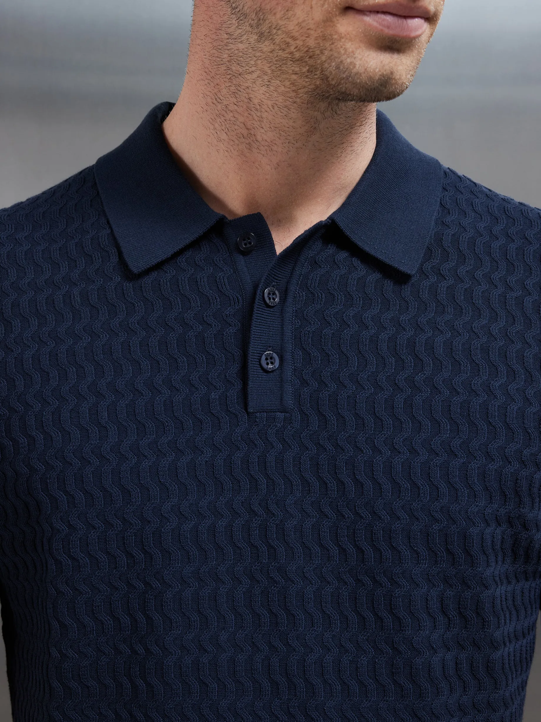 Cotton Knitted Textured Button Polo Shirt - Navy