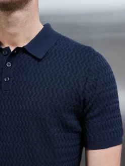 Cotton Knitted Textured Button Polo Shirt - Navy