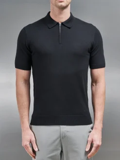 Cotton Knitted Zip Polo Shirt - Black