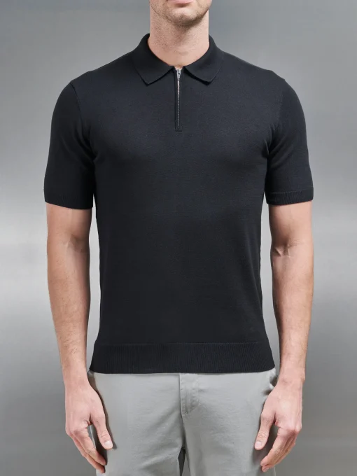 Cotton Knitted Zip Polo Shirt - Black