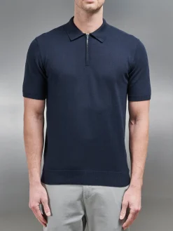 Cotton Knitted Zip Polo Shirt - Navy