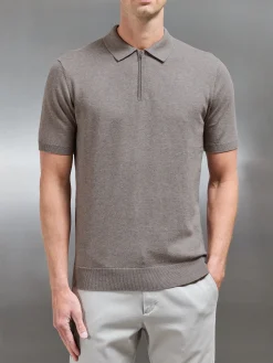 Cotton Knitted Zip Polo Shirt - Taupe