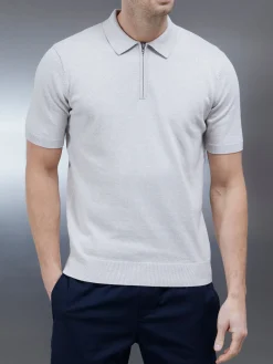 Cotton Knitted Zip Polo Shirt - Oatmeal