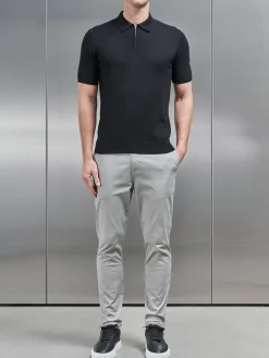 Cotton Knitted Zip Polo Shirt - Black