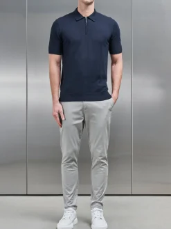 Cotton Knitted Zip Polo Shirt - Navy