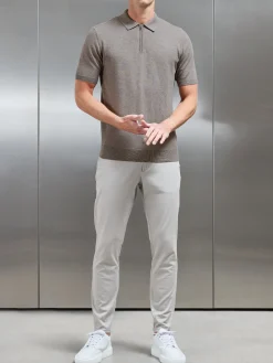 Cotton Knitted Zip Polo Shirt - Taupe