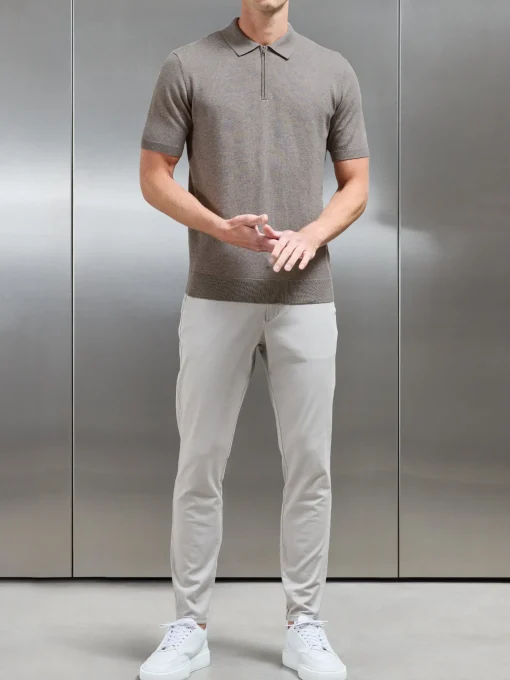 Cotton Knitted Zip Polo Shirt - Taupe