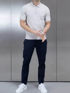 Cotton Knitted Zip Polo Shirt - Oatmeal