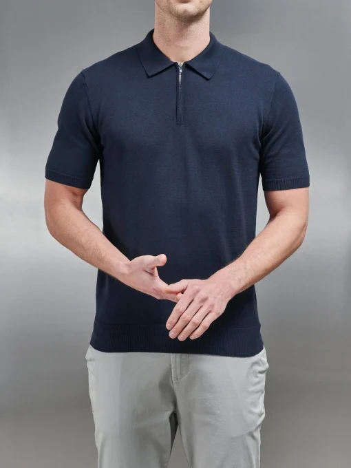 Cotton Knitted Zip Polo Shirt - Navy