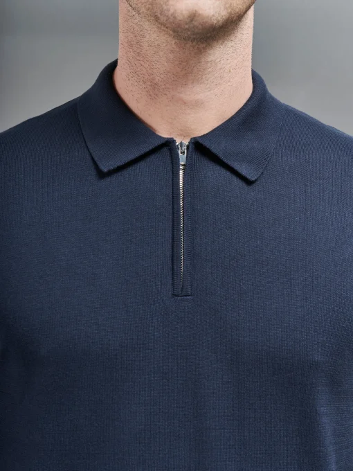 Cotton Knitted Zip Polo Shirt - Navy