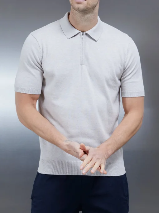 Cotton Knitted Zip Polo Shirt - Oatmeal