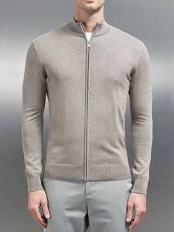 Cotton Knitted Zip Through Jacket - Taupe Marl