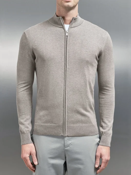 Cotton Knitted Zip Through Jacket - Taupe Marl