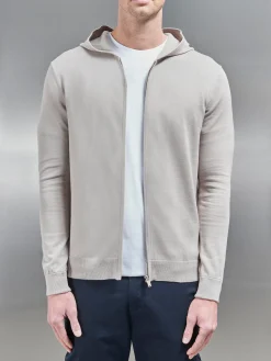 Cotton Knitted Zip Through Hoodie - Stone