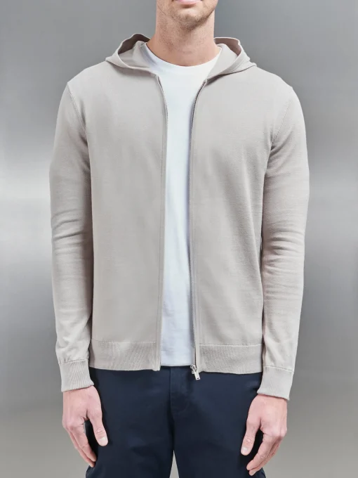 Cotton Knitted Zip Through Hoodie - Stone