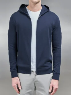 Cotton Knitted Zip Through Hoodie - Navy