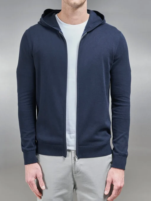 Cotton Knitted Zip Through Hoodie - Navy