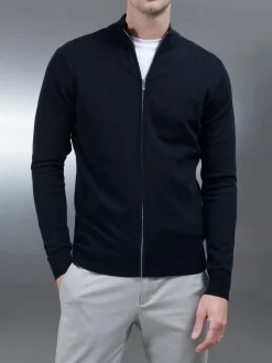 Cotton Knitted Zip Through Jacket - Black