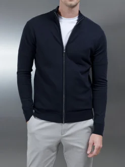 Cotton Knitted Zip Through Jacket - Navy