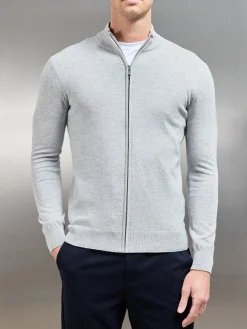 Cotton Knitted Zip Through Jacket - Marl Grey