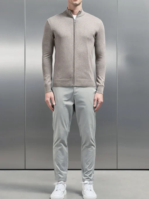 Cotton Knitted Zip Through Jacket - Taupe Marl