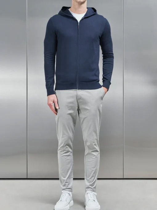 Cotton Knitted Zip Through Hoodie - Navy