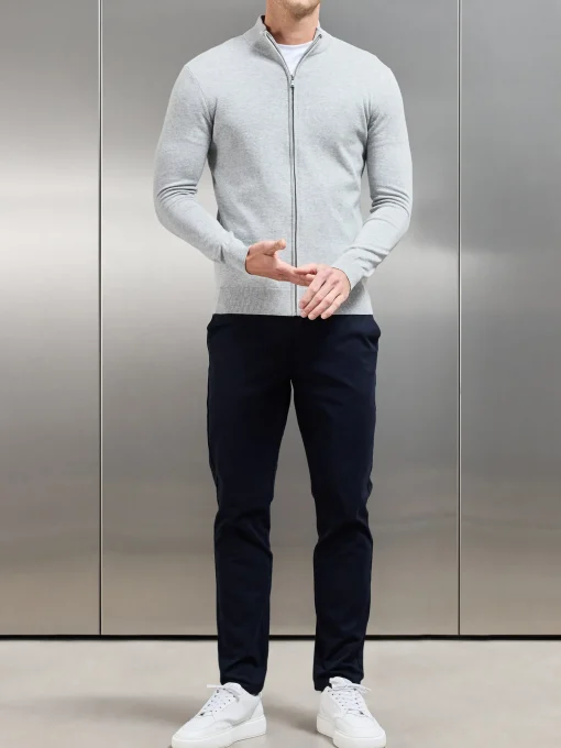 Cotton Knitted Zip Through Jacket - Marl Grey