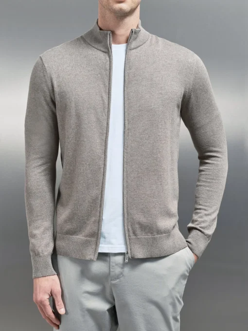 Cotton Knitted Zip Through Jacket - Taupe Marl