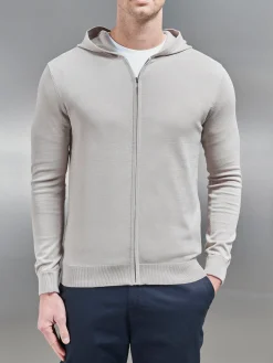 Cotton Knitted Zip Through Hoodie - Stone