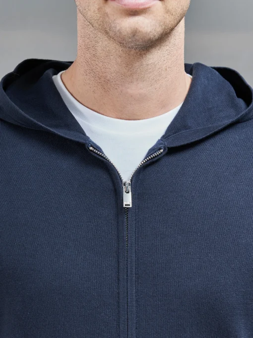 Cotton Knitted Zip Through Hoodie - Navy