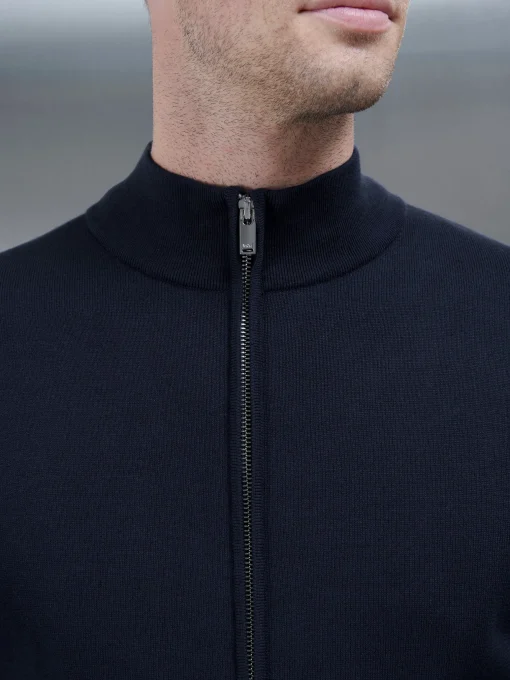 Cotton Knitted Zip Through Jacket - Navy