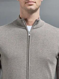 Cotton Knitted Zip Through Jacket - Taupe Marl