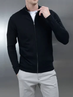 Cotton Knitted Zip Through Jacket - Black