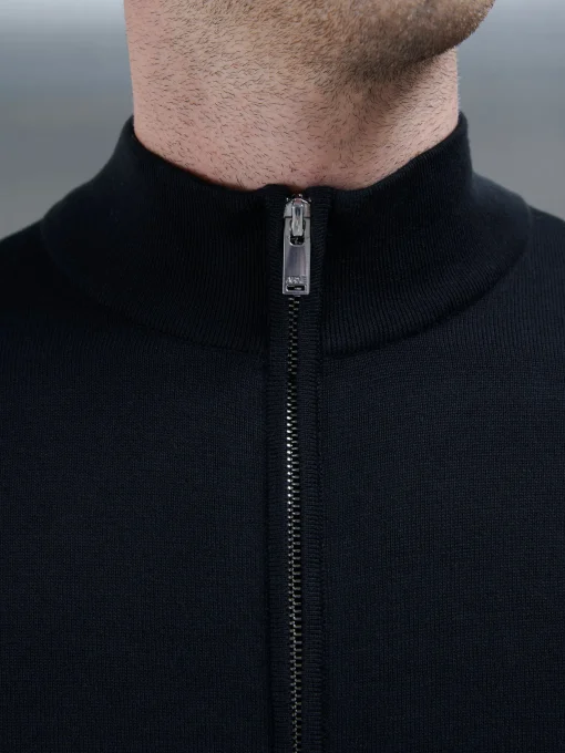 Cotton Knitted Zip Through Jacket - Black