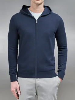 Cotton Knitted Zip Through Hoodie - Navy