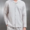 Cotton Linen Revere Collar Long Sleeve Shirt - Stone