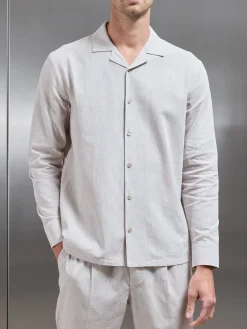 Cotton Linen Revere Collar Long Sleeve Shirt - Stone