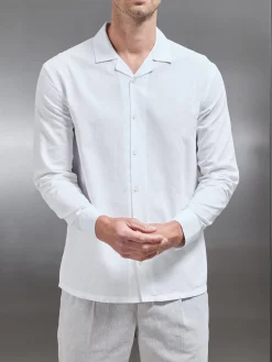 Cotton Linen Revere Collar Long Sleeve Shirt - White
