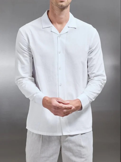 Cotton Linen Revere Collar Long Sleeve Shirt - White
