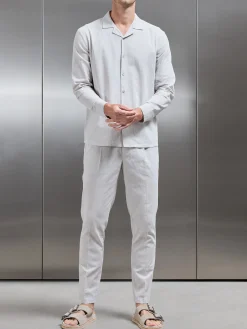 Cotton Linen Revere Collar Long Sleeve Shirt - Stone