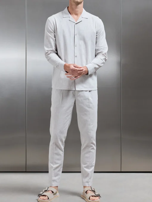 Cotton Linen Revere Collar Long Sleeve Shirt - Stone