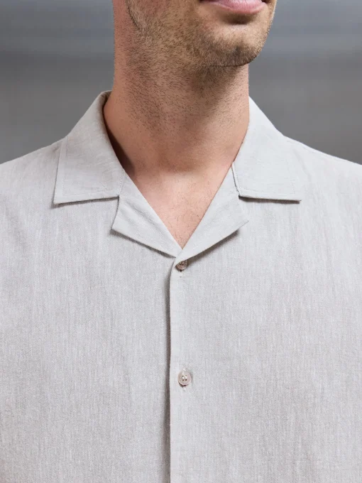 Cotton Linen Revere Collar Long Sleeve Shirt - Stone