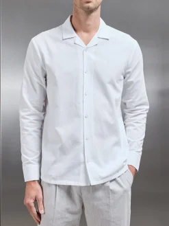 Cotton Linen Revere Collar Long Sleeve Shirt - White