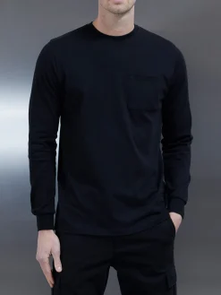 Cotton Pocket Long Sleeve T-Shirt - Black