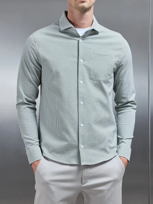 Fine Stripe Long Sleeve Cutaway Collar Shirt - Sage