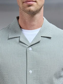 Fine Stripe Short Sleeve Revere Collar Shirt - Sage