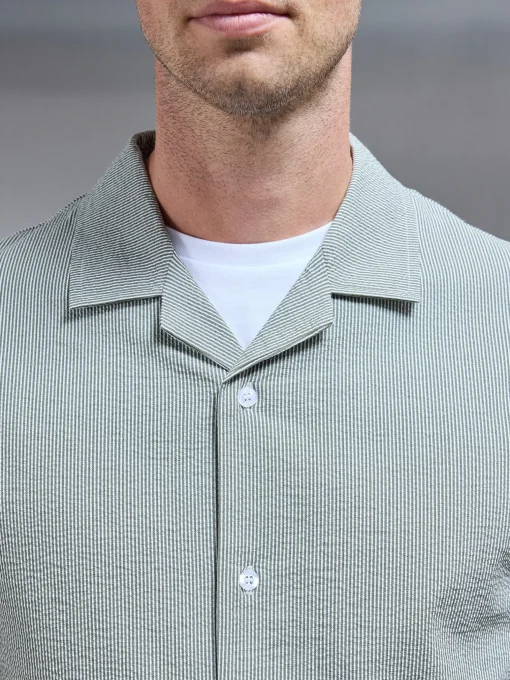Fine Stripe Short Sleeve Revere Collar Shirt - Sage