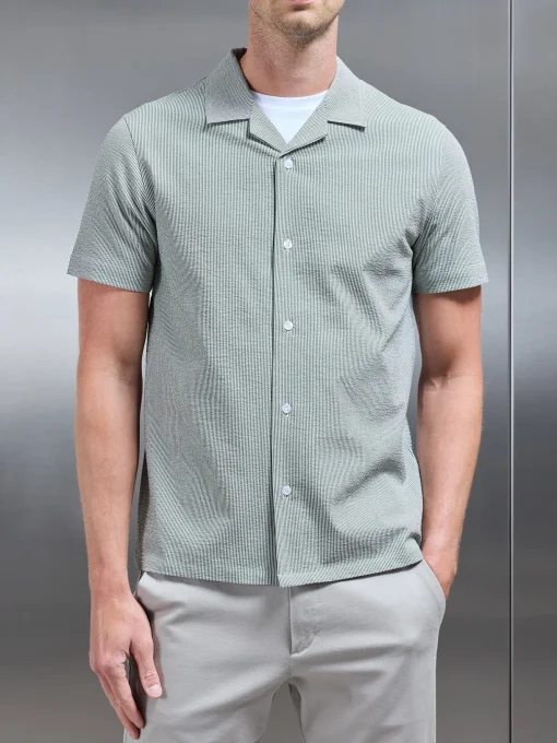 Fine Stripe Short Sleeve Revere Collar Shirt - Sage